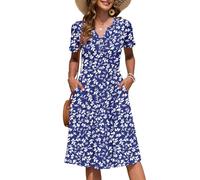 AUSELILY Women's Summer Short Sleeve Midi Dresses V Neck Empire Button Knee Length Dress with Pockets Floral Blue S