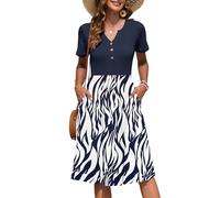 AUSELILY Women's Summer Short Sleeve Midi Dresses V Neck Empire Button Knee Length Dress with Pockets White Navy Leaf XXL