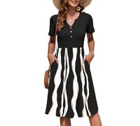AUSELILY Women's Summer Short Sleeve Midi Dresses V Neck Empire Button Knee Length Dress with Pockets Black Irregular Strip L