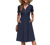 AUSELILY Women's Summer Short Sleeve Midi Dresses V Neck Empire Button Knee Length Dress with Pockets Navy Blue XXL