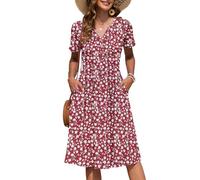 AUSELILY Women's Summer Short Sleeve Midi Dresses V Neck Empire Button Knee Length Dress with Pockets Floral Red M