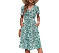 AUSELILY Women's Summer Short Sleeve Midi Dresses V Neck Empire Button Knee Length Dress with Pockets Green Flower XL