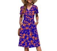 AUSELILY Women's Summer Short Sleeve Midi Dresses V Neck Empire Button Knee Length Dress with Pockets Blue Orange Flower XL