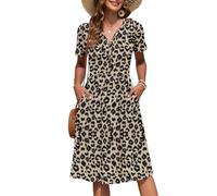 AUSELILY Women's Summer Short Sleeve Midi Dresses V Neck Empire Button Knee Length Dress with Pockets Leopard S