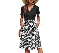 AUSELILY Women's Summer Short Sleeve Midi Dresses V Neck Empire Button Knee Length Dress with Pockets Black White Flower M