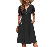 AUSELILY Women's Summer Short Sleeve Midi Dresses V Neck Empire Button Knee Length Dress with Pockets Black M