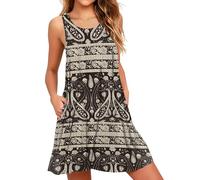 AUSELILY Women's Summer Sleeveless Crew Neck Floral Casual Tank Dress with Pockets Boho Black,2XL