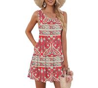 AUSELILY Women's Summer Sleeveless Crew Neck Floral Casual Tank Dress with Pockets Boho Red,2XL