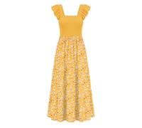AUSELILY Women's Summer Sleeveless Maxi Dress Yellow Black Flowers S