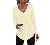 AUSELILY Womens Waffle Knit Tunic Tops Casual Long Sleeve Shirts Drawstring V Neck Hoodie with Pockets Beige L