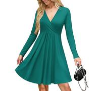 AUSELILY Wrap Dress for Women UK V Neck Flowy Long Sleeve Elegant Casual Dresses with Pockets Knee Length Green L