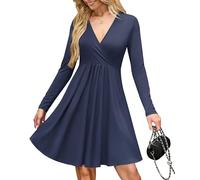 AUSELILY Wrap Dress for Women UK V Neck Flowy Long Sleeve Elegant Casual Dresses with Pockets Knee Length Navy Blue L