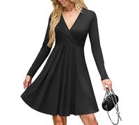 AUSELILY Wrap Dress for Women UK V Neck Flowy Long Sleeve Elegant Casual Dresses with Pockets Knee Length Black M