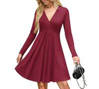AUSELILY Wrap Dress for Women UK V Neck Flowy Long Sleeve Elegant Casual Dresses with Pockets Knee Length Wine Red S