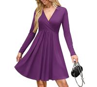 AUSELILY Wrap Dress for Women UK V Neck Flowy Long Sleeve Elegant Casual Dresses with Pockets Knee Length Purple XL