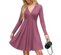 AUSELILY Wrap Dress for Women UK V Neck Flowy Long Sleeve Elegant Casual Dresses with Pockets Knee Length Mauve 2XL