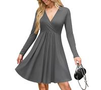 AUSELILY Wrap Dress for Women UK V Neck Flowy Long Sleeve Elegant Casual Dresses with Pockets Knee Length Dark Gray L