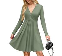 AUSELILY Wrap Dress for Women UK V Neck Flowy Long Sleeve Elegant Casual Dresses with Pockets Knee Length Olive Green 2XL
