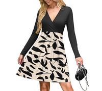 AUSELILY Wrap Dress for Women UK V Neck Flowy Long Sleeve Elegant Casual Dresses with Pockets Knee Length Apricot Black Leaves L