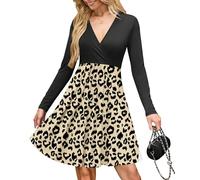 AUSELILY Wrap Dress for Women UK V Neck Flowy Long Sleeve Elegant Casual Dresses with Pockets Knee Length Leopard Black M