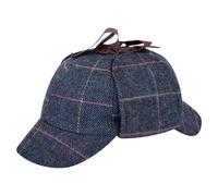 AUSH Mens Deerstalker Sherlock Holmes Caps, Herringbone Houndstooth Tweed Wool, UK, Numeric, 1, L/XL (59-61cm), Navy Check