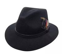 AUSH Mens Fedora Hat 100% Wool Crushable Felt Elegant Leather Black Band with Feather Trilby Hats Water Resistant Sun Protection Fedora Hats UK (UK, Alpha, L, Large (58x59) cm, Black Leather Band)