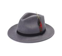 AUSH Mens Fedora Hat 100% Wool Crushable Felt Elegant Leather Black Band with Feather Trilby Hats Water Resistant Sun Protection Fedora Hats UK (UK, Alpha, L, Large (58x59) cm, Grey Leather Band)