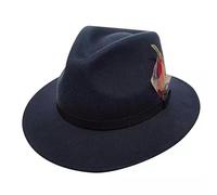 AUSH Mens Fedora Hat 100% Wool Crushable Felt Elegant Leather Black Band with Feather Trilby Hats Water Resistant Sun Protection Fedora Hats UK (UK, Alpha, L, Large (58x59) cm, Navy Leather Band)