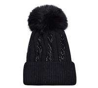 AUSH Women Girls Winter Beanie Hat Wool Knitted with Small Crystals Large Zigzag Pom Pom Cap Ski Snowboard Hats MulitiColours One Size (UK, Alpha, One Size, One Size Fits All 57cm-63cm, Black)