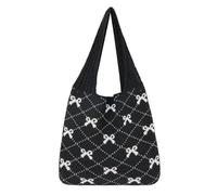 Ausing Knitting Crochet Plain Tote Bag - Cotton Canvas Knitting Women Girls Woven Bow Handbags Shopping Bag For School College Travel Work Beach Casual White and Black