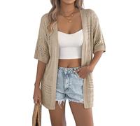 Ausing Ladies Cable Chunky Knit Summer Jacket Women's Light Weight Long Cover Ups Women Casual Lightweight Tops Kimono 3/4 Short Sleeve Sweater Beach Crochet Coat Thin Knitted Cardigan Khaki M