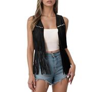 Ausing Ladies Country Cowgirl Waistcoat for Women UK Cow Girl Cowboy Vest Womens 70S Fringe Outfits Fancy Dress Tassel Tops Faux Suede Western Waistcoats Loose Vests Solid Gilets Shirts Tshirt Black S