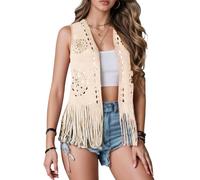 Ausing Ladies Hollow Out Cowgirl Waistcoat for Women UK Sexy Cowboy Vest Women's Summer Fringe Jacket Tasseled Tassel Outwear Tassels Western Costumes Loose Vests Solid Gilets Shirts Tshirt Ivory S