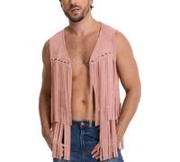 Ausing Men Leather Cowboy Costume Men's Winter Cowboy Clothes for Men UK Carter Fringe Clothing Concert Tassel Waistcoat Vintage Western Vest Loose Vests Solid Gilets Shirts Tshirt Red L