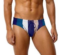 Ausing Men's Padded Swimming Briefs Striped Swim Trunks for Men UK Christmas Boxer Costume Anti Chafe Bathing Suit Athletic Low Rise Boxers Fitted Bikini Shorts Funky Beach Swimwear Dark Blue L