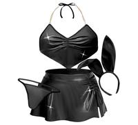 Ausing Sexy Leather Outfits for Women Faux Leather Bunny Sets 4Pcs Bra Top G-String Mini Skirt Outfits Halloween Clubwear Party NightwearS Black
