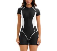 Ausing Swimming Costume Short Sleeve Boyleg Rash Guard for Women One Piece Boyshorts Swimsuits Surfing Swimwear XL(EU)=Tag XXL Black White