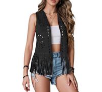 Ausing Women Faux Suede Cowgirl Waistcoats Women's Fashion Cowboy Waistcoat Ladies Open Front Fringe Vest Leather Tassel Outfits Winter Western Tops Loose Vests Solid Gilets Tshirt Shirts Black XXL