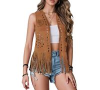 Ausing Women Festival Cowgirl Waistcoat Women's Denim Cowboy Vest Ladies Sleeveless Fringe Jacket Fringed Tassel Top Hippie Western Outfit Loose Vests Solid Gilets Shirts Tshirt Brown S