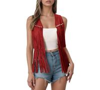 Ausing Women Leather Cowgirl Costume Women's Winter Cowboy Clothes Ladies Carter Fringe Clothing Concert Tassel Waistcoat Vintage Western Vest Loose Vests Solid Gilets Shirts Tshirt Red L