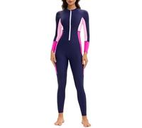 Ausing Women’s Full-Length Surfing Suit Color Blocking Rash Guard One Piece Full Body Swimsuit Zip Up Bathing Suit L(Tag XL)