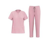 Ausing Women’s Scrub Set Nursing Outfits Set of 2 Top and Trousers Tunic for Elderly Care Nursing, Pink, L