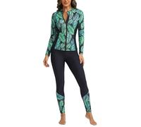 Ausing Women’s Two Piece Swimsuit Full Coverage Rash Guard Set Long Sleeve Zip Up Swimwear with Swim Leggings L Green