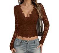 Ausing Women Sheer Long Sleeve Tshirt Basic Lace Tops Women's Elegant V Neck Top Ladies Wrap Mesh T Shirt Slim Fit Going Out Shirts Tight Sexy Blouses Evening Y2K Blouse Brown S