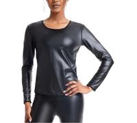 Ausing Women Shiny Faux Leather T Shirt Black Latex Long Sleve Tops Women's PVC Pu Leather Look Costume Ladies Steampunk Metallic T Shirts Carnival Sexy Topss Crew Round Neck Slim Fit Tank Top S