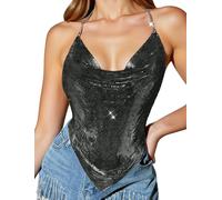 Ausing Women Sleeveless Sequin Tops Night Going Out Sparkly Top Evening Party Vest Ladies Tank Glitter T Shirt Crop Cowl Halter Neck T Shirts Black Cami Sparkle Blouses Sequined Deep V Neck Outfits XS