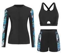Ausing Women Swimsuits Set Sun Protection Bathing Suit 3 Piece Long Sleeve Swimming Suit Rash Guard Set Surfing Tropical Style S Blue