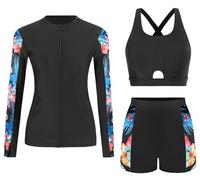 Ausing Women Swimsuits Set Sun Protection Bathing Suit 3 Piece Long Sleeve Swimming Suit Rash Guard Set Surfing Tropical Style L Black