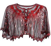 Ausing Women's 1920s Shawl Sequin Evening Cape Flapper Shrug Great Gatsby Retro Tulle Shawls Vintage Mesh Shawl Wraps Shiny Short Art Deco Wrap Bridal Party Wedding Cover Up Red