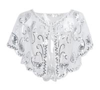 Ausing Women's 1920s Shawl Sequin Evening Cape Flapper Shrug Great Gatsby Retro Tulle Shawls Vintage Mesh Shawl Wraps Shiny Short Art Deco Wrap Bridal Party Wedding Cover Up White